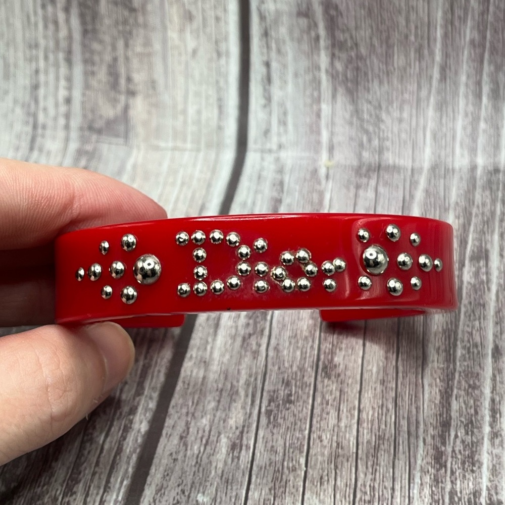 DIOR VTG 90s Lucite Studded Logo Cuff Bracelet Red Resin RARE Vintage Galliano - Picture 2 of 12